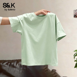 班尼路S&K豆绿色短袖t恤女2026夏季新款宽松大码小个子纯棉上衣H