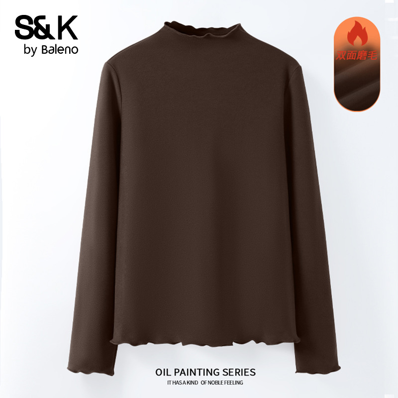 班尼路S&K系列木耳边打底衫女2025秋冬新款薄绒保暖内搭长袖上衣N