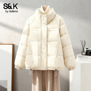 班尼路S&K系列白色立领羽绒服女款2025冬季新款短款小个子面包服H