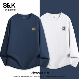 休闲打底衫 班尼路S&K美式 藏青色纯棉上衣男士 t恤男春季 复古长袖