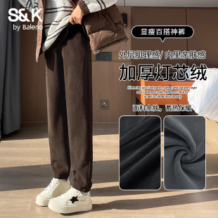 加绒保暖束脚裤 新款 子H 女2025冬季 班尼路S&K系列咖色灯芯绒休闲裤