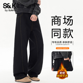 班尼路SK美式 子男YS 加绒加厚阔腿潮流长裤 风直筒牛仔裤 男2026新款