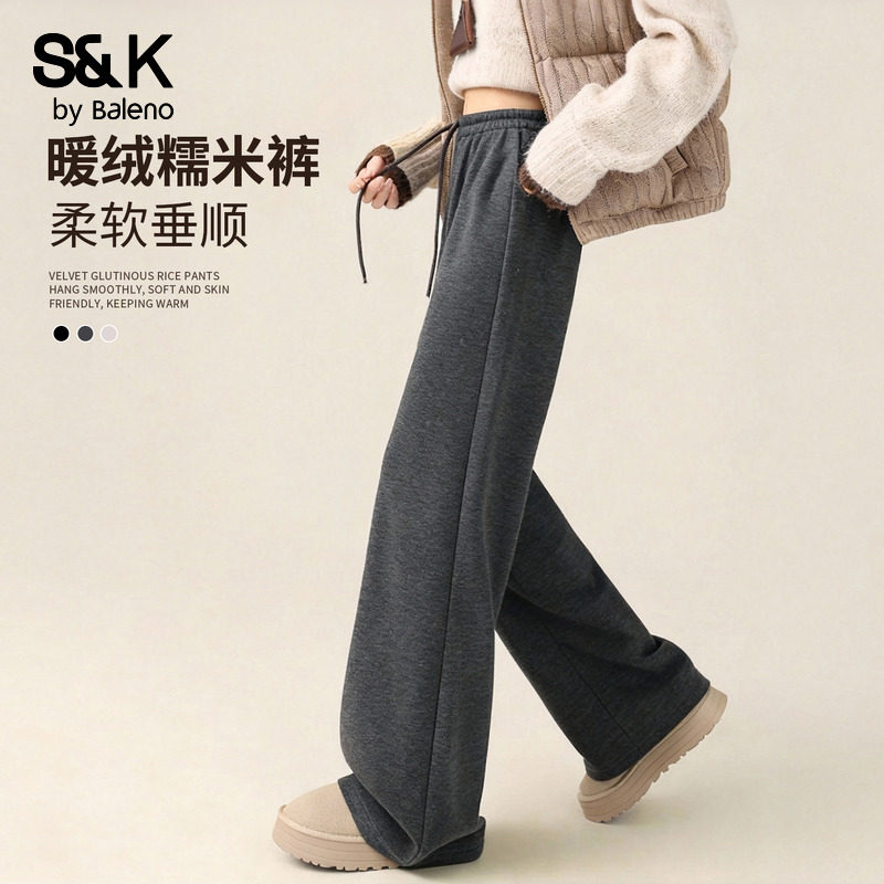 班尼路S&K系列深灰色加绒糯米裤女秋冬新款抽绳设计宽松休闲长裤N