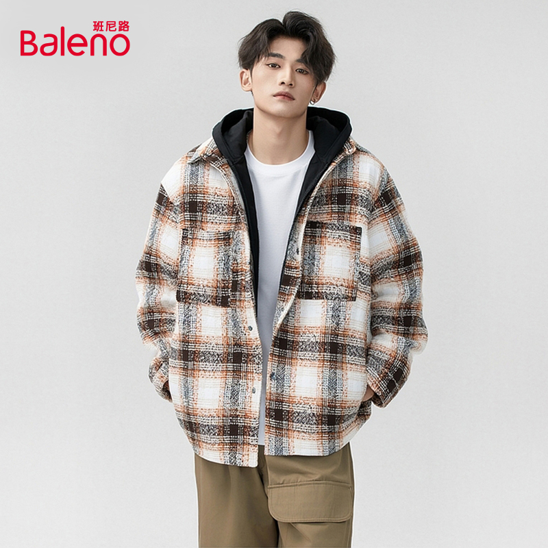 Baleno班尼路男装假两件连帽格子羽绒服冬季新品保暖羽绒服外套D