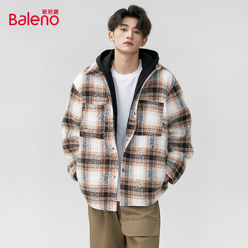 班尼路男装假两件连帽格子羽绒服冬季新品保暖羽绒服外套DX