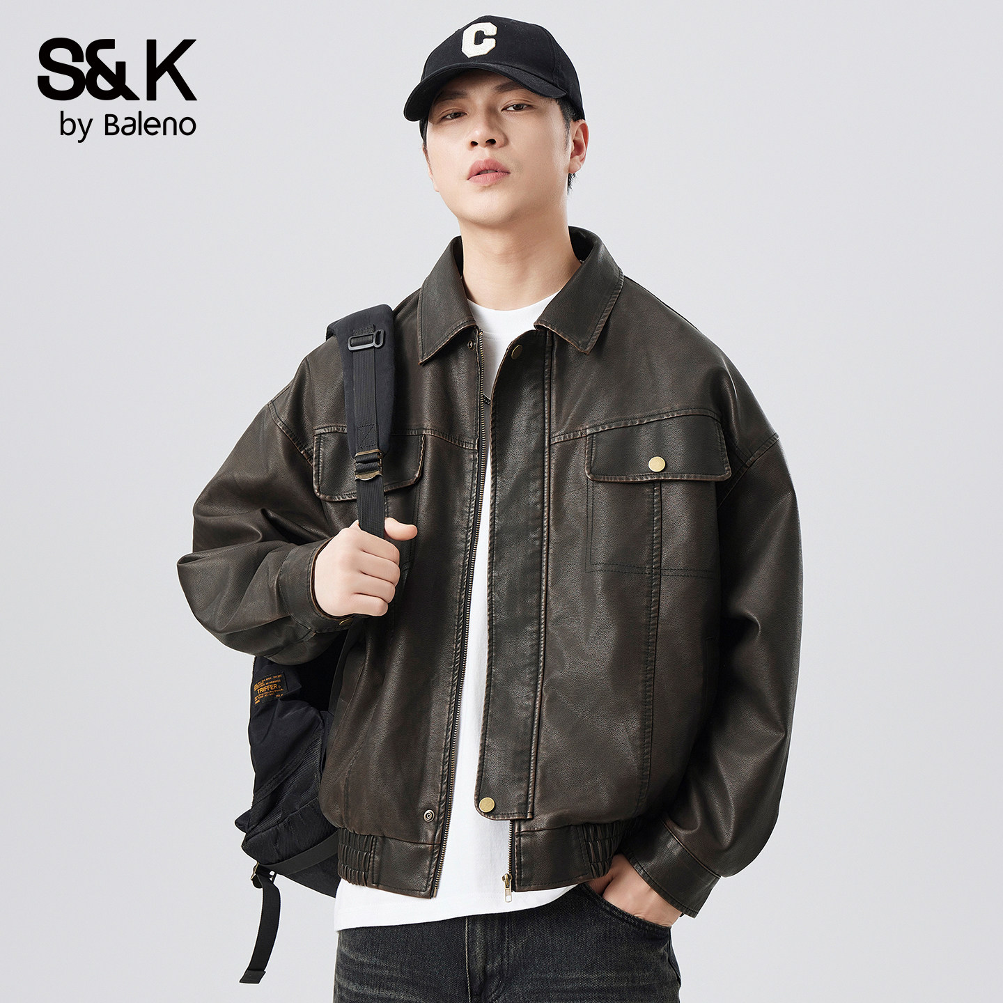 班尼路SK春秋季做旧潮流痞帅宽松皮衣外套美式复古翻领皮夹克男YS