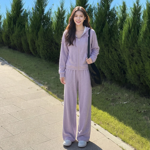 班尼路紫色连帽休闲套装女款2026秋季新款针织外套糯米裤一整套Q