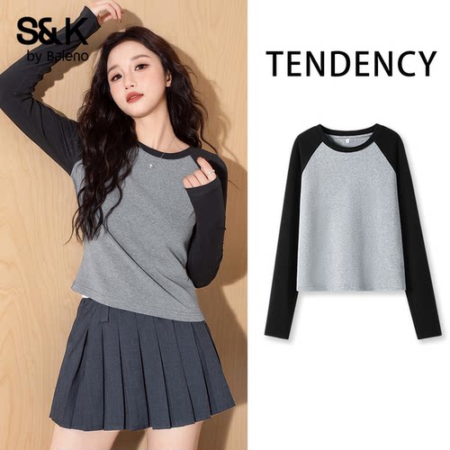 班尼路S&K系列灰色长袖t恤女秋季新款撞色修身内搭打底衫上衣女Q