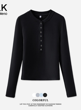 班尼路S&K系列黑色长袖女t恤2026新款秋开扣修身内搭打底衫上衣H