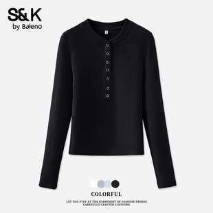 内搭打底衫 秋开扣修身 上衣H 女t恤2025新款 班尼路S&K系列黑色长袖