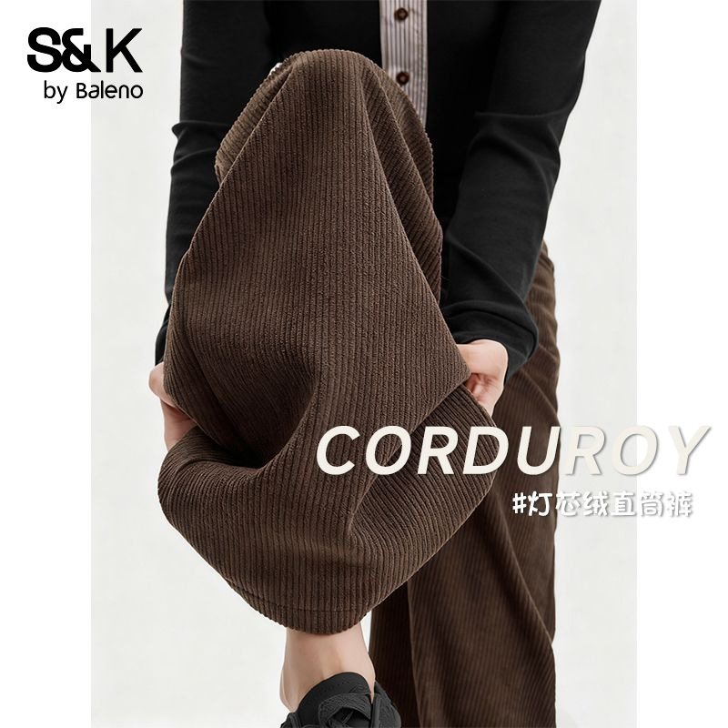 班尼路S&K系列美拉德灯芯绒直筒裤女2025冬季新款高腰窄版阔腿裤N