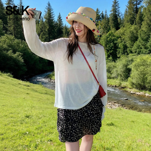 班尼路S&K白色微透罩衫长袖t恤女