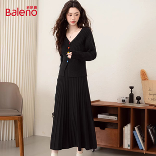 针织开衫 班尼路时尚 V领修身 女春秋新款 高腰中长裙百褶伞裙女J 套装