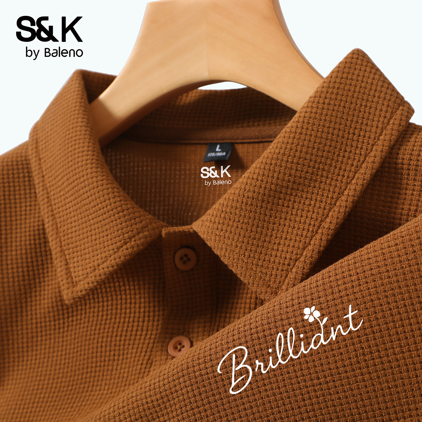 班尼路S&K系列肌理感抗皱焦糖色polo衫男长袖秋季华夫格t恤上衣A