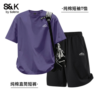 班尼路S&K纯棉运动套装男款夏季休闲宽松短袖短裤两件套简约男装A