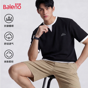 拼接假两件t恤男宽松潮流百搭五分袖 班尼路黑色短袖 新款 夏季 男款