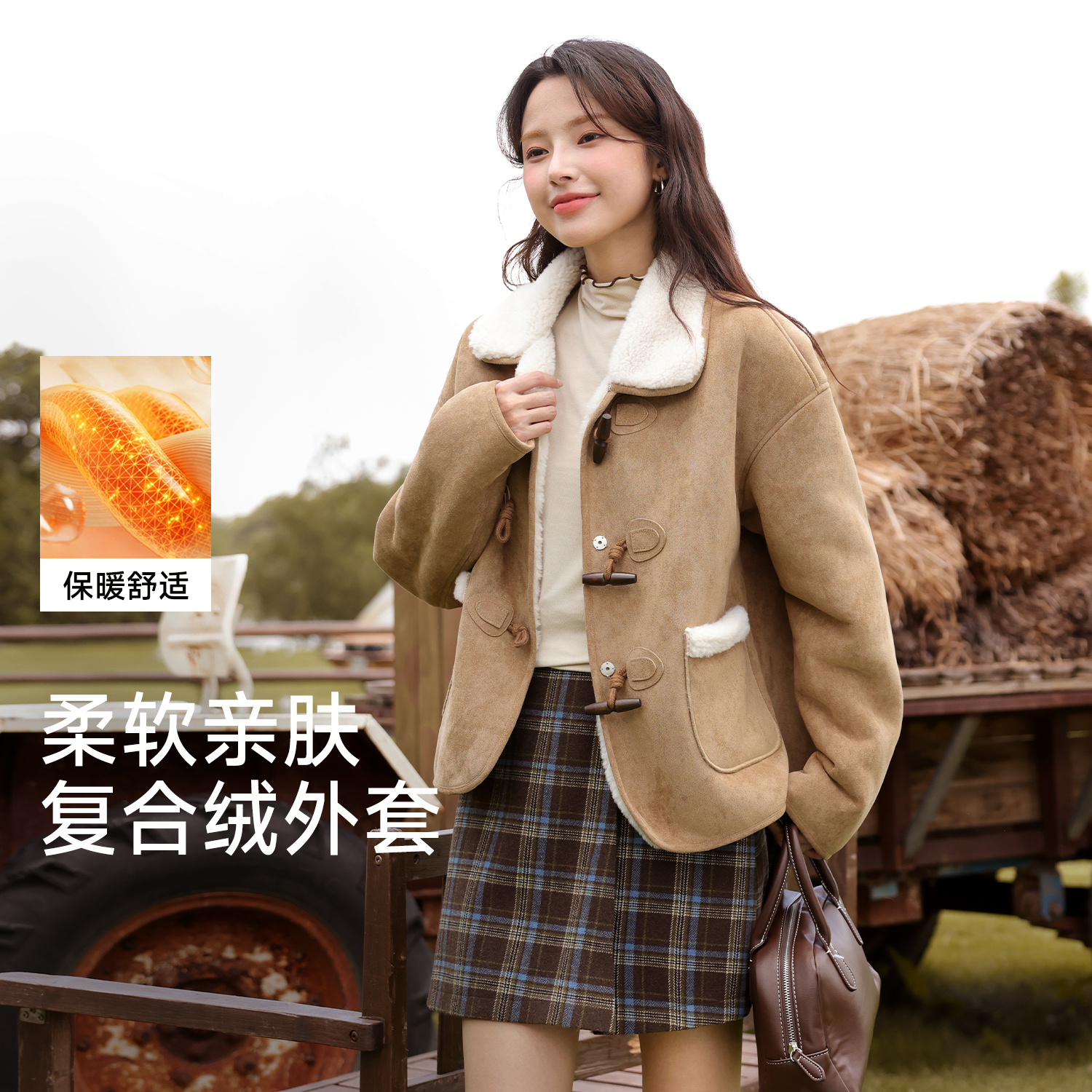 班尼路复古麂皮羊羔绒外套女秋冬新款美拉德加厚机车服夹克上衣Q