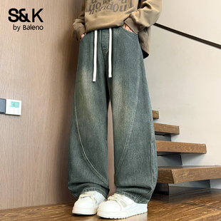 宽松直筒弯刀阔腿长裤 班尼路SK秋季 男士 复古水洗休闲牛仔裤 新款