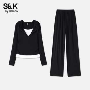 一整套Q 连帽外套阔腿裤 班尼路S&K系列黑色假两件运动套装 女秋冬款