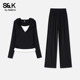 一整套Q 连帽外套直筒裤 班尼路S&K系列黑色假两件运动套装 女春新款
