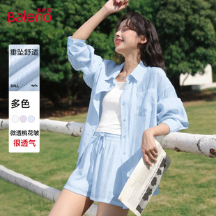 轻薄透气衬衣短裤 班尼路蓝色韩系休闲衬衫 新款 女夏季 一整套N 套装