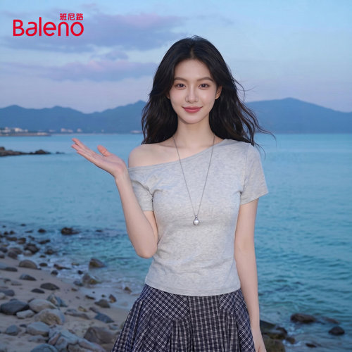 班尼路灰色斜肩短袖T恤女2026夏新款辣妹修身显瘦短款一字肩上衣M
