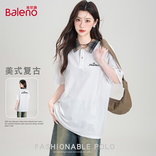 减龄学院风J 班尼路双面字母印花女式 简约POLO衫 潮流宽松个性 时尚