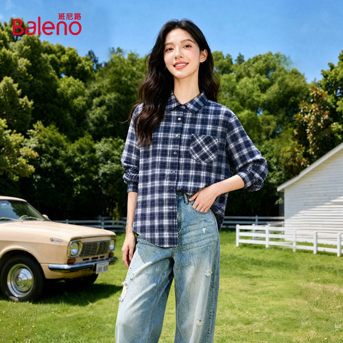 班尼路磨毛格子衬衫女2026秋季新款美式复古潮流设计感长袖衬衣Q