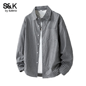 男长袖 秋季 新款 班尼路SK格子衬衫 潮牌港风衬衣宽松百搭男士 外套YS