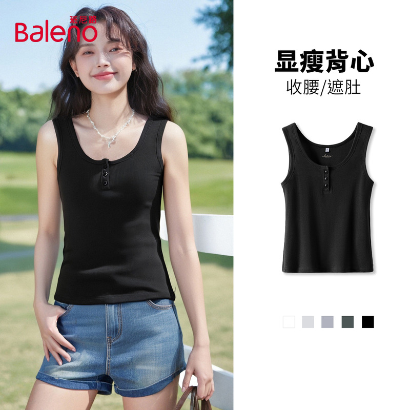 班尼路黑色新款遮肚背心女时尚纯棉T恤学生2025年夏季开扣上衣女Q