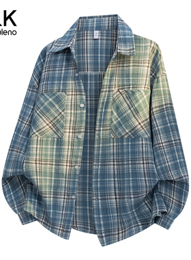 班尼路SK美式休闲蓝色格子衬衫男外套上衣2025新款复古长袖衬衣MS