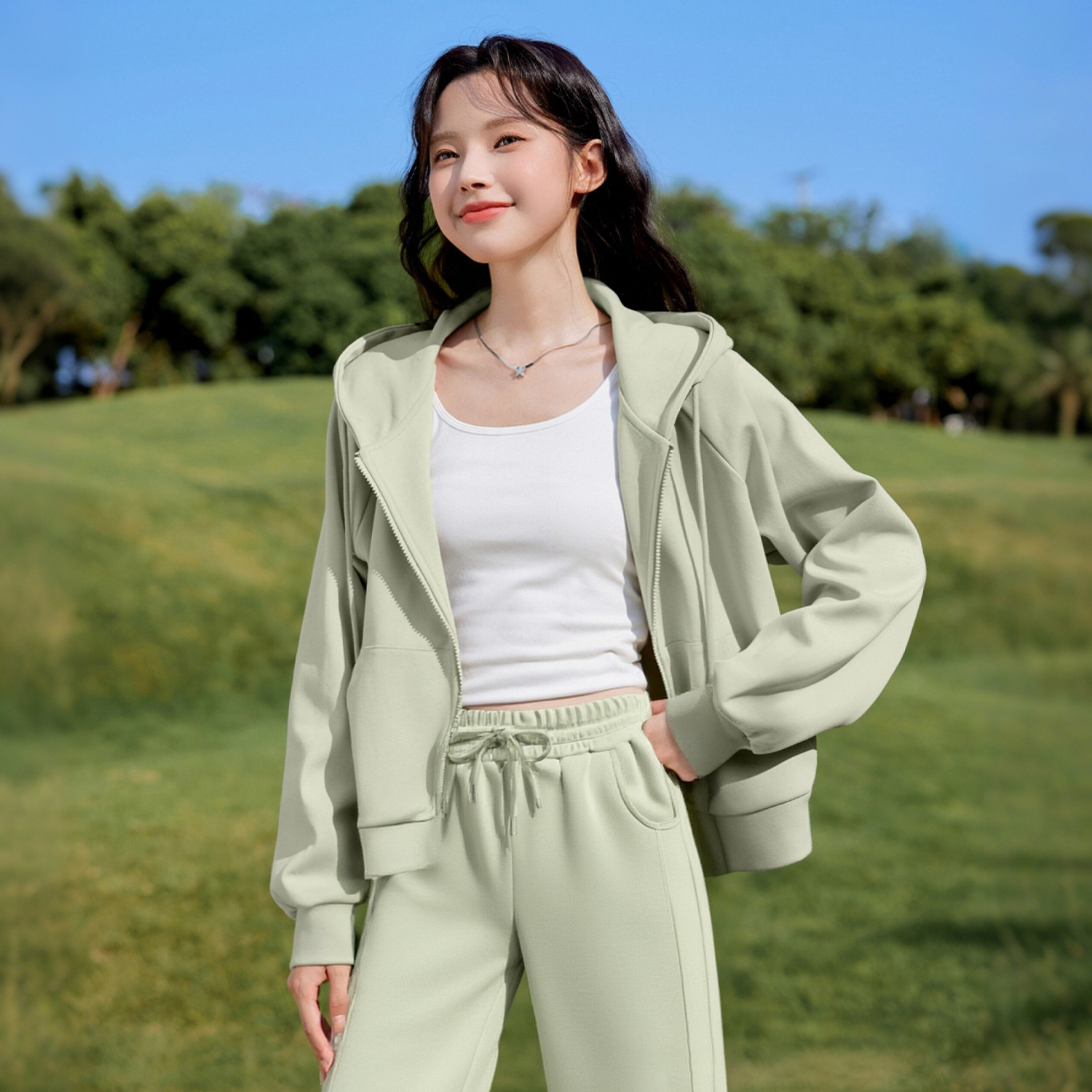 班尼路运动休闲套装女秋新款连帽开衫外套高腰拼接直筒裤一整套N
