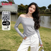 t恤女2026新款 春季 修身 班尼路灰色斜肩一字肩长袖 露肩内搭打底衫