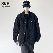 工装 班尼路SK黑色格子牛仔外套男春秋新款 休闲宽松美式 复古夹克YS