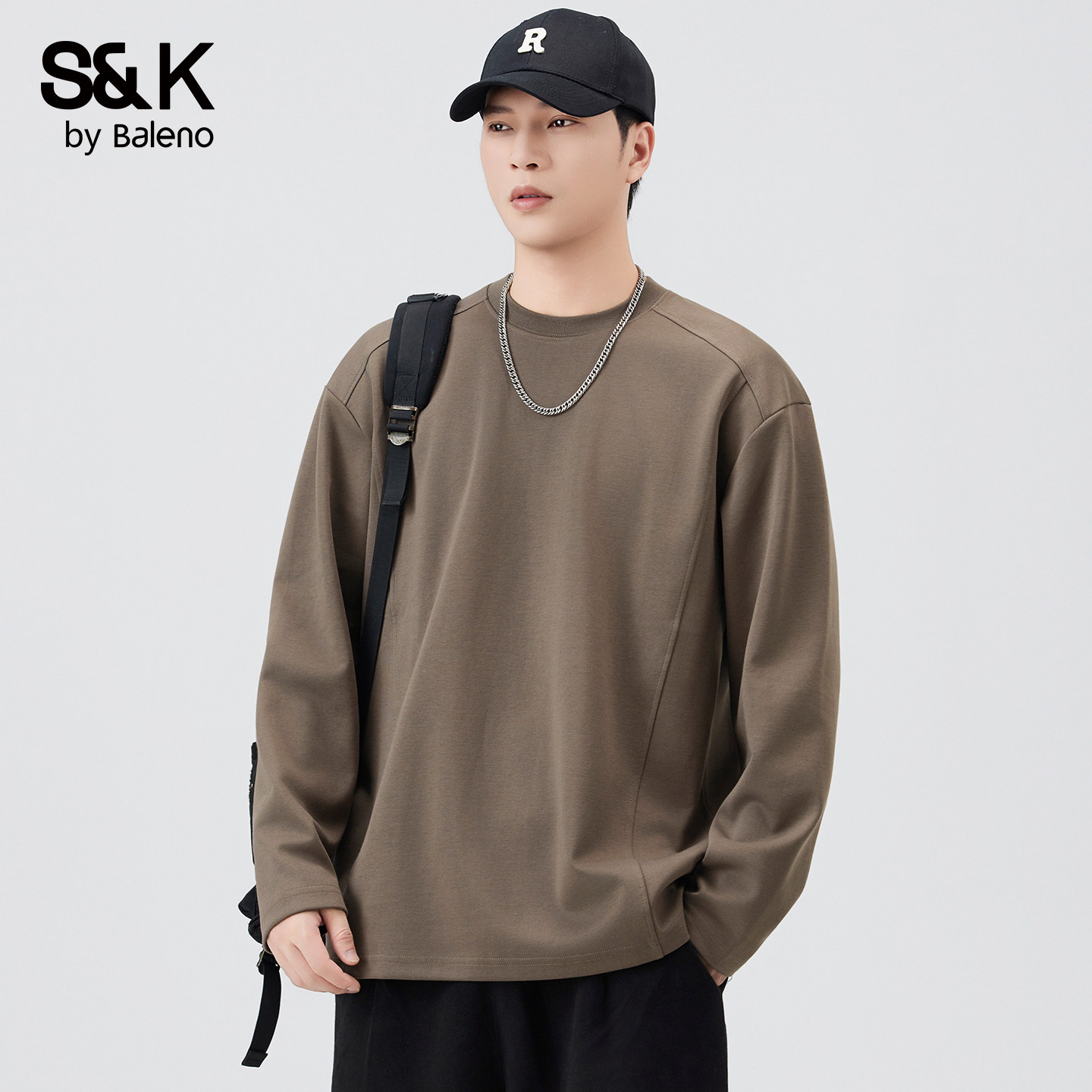 班尼路SK极简风重磅长袖T恤男春季新款宽松百搭休闲上衣潮牌男YS,男装,T恤,淘宝优惠券,粉丝福利购,淘宝优惠卷