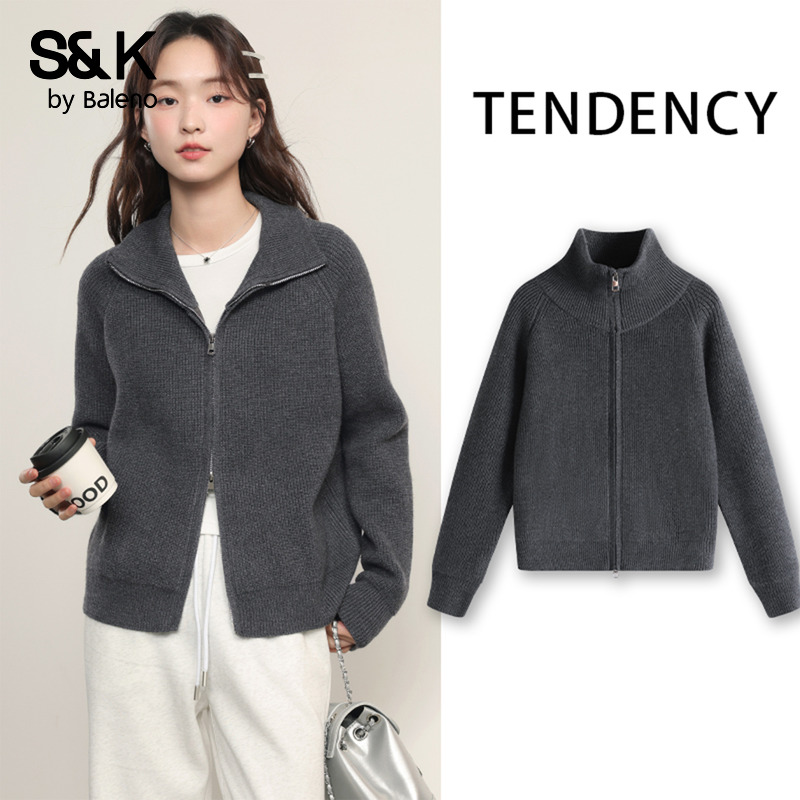 班尼路S&K系列立领针织开衫外套女2025秋冬新款柔软亲肤百搭毛衣Q