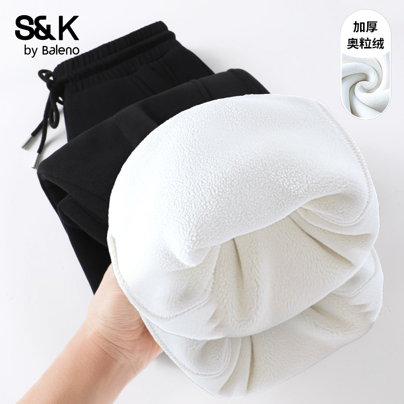 班尼路S&K系列黑色螺纹束脚裤女冬季新款加绒加厚保暖百搭运动裤Q