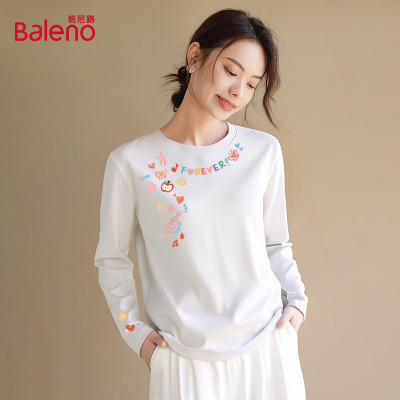 班尼路白色纯棉长袖t恤上衣女