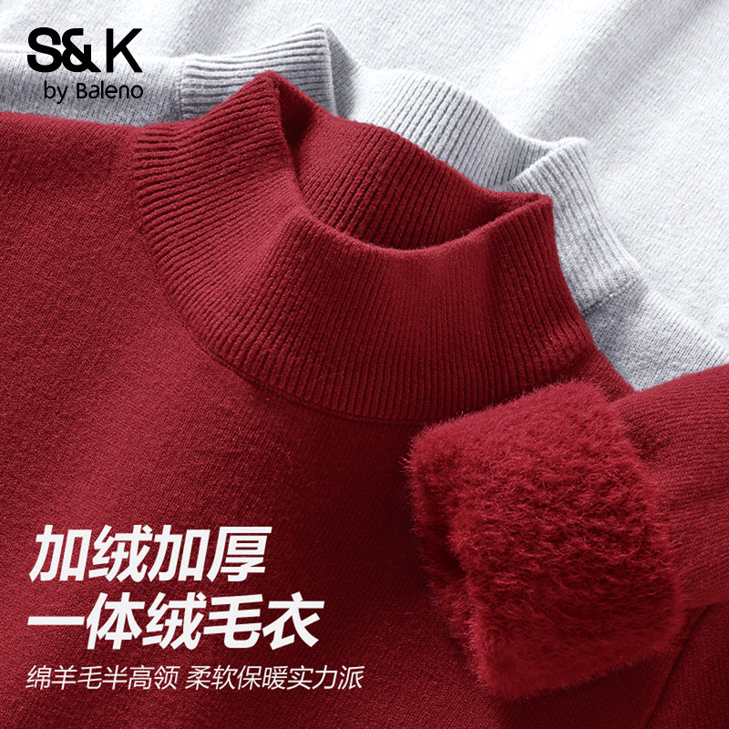 班尼路S&K系列半高领一体绒针织毛衫女秋冬新款加绒保暖打底毛衣Q