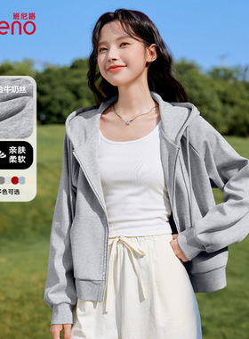 班尼路灰色连帽卫衣外套女2026春季新款小个子短款运动百搭开衫Q