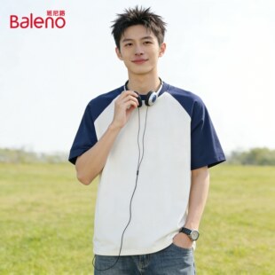 纯棉柔软宽松舒适帅气上衣J T恤男春夏季 班尼路撞色插肩袖 圆领短袖