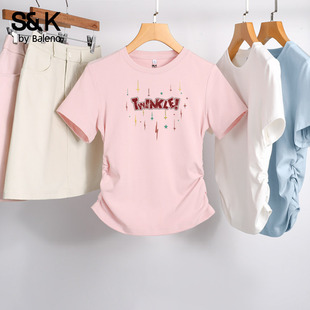 显瘦小个子短款 修身 上衣H t恤女夏2026新款 班尼路S&K粉色正肩短袖