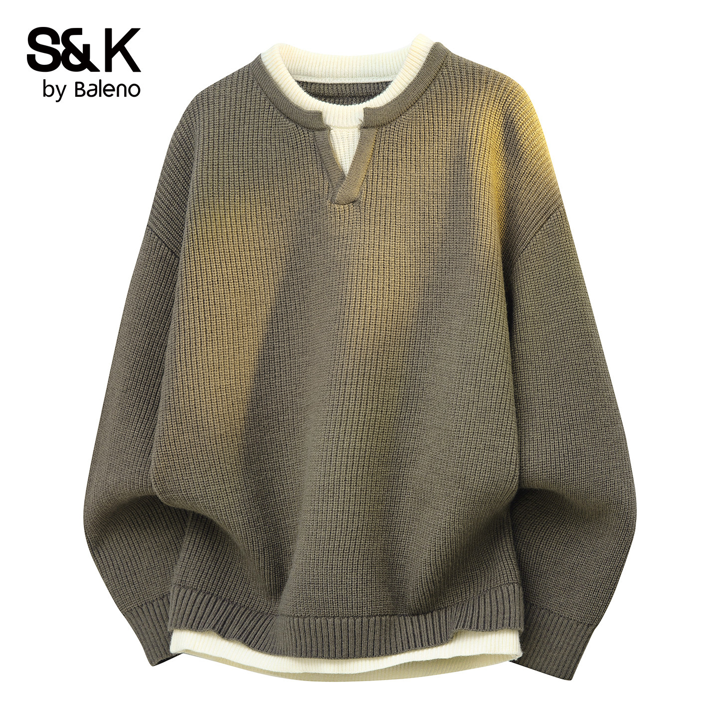 班尼路SKV领毛衣男士秋冬新款慵懒风假两件撞色套头打底针织衫YS