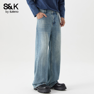 宽松直筒阔腿长裤 男春夏新款 水洗蓝复古弯刀牛仔裤 班尼路SK美式