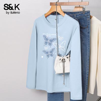 班尼路S&K系蓝色纯棉长袖t恤女款