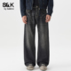 班尼路SK2026新款 男春水洗猫须宽松直筒长裤 美式 复古黑色牛仔裤