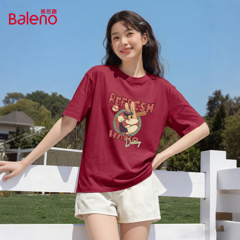 班尼路红色纯棉印花短袖T恤女2026春夏新款宽松休闲新年内搭上衣N
