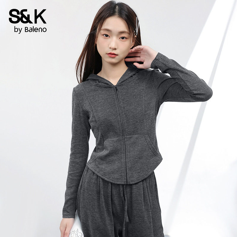 班尼路S&K系列灰色修身连帽卫衣外套女2025秋季新款休闲运动上衣H