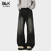 风水洗做旧牛仔裤 男春季 2026新款 班尼路SK美式 宽松阔腿长裤 潮牌YS