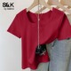 班尼路S&K系列方领短袖 体恤小个子上衣M 短款 t恤女夏红色小衫 修身